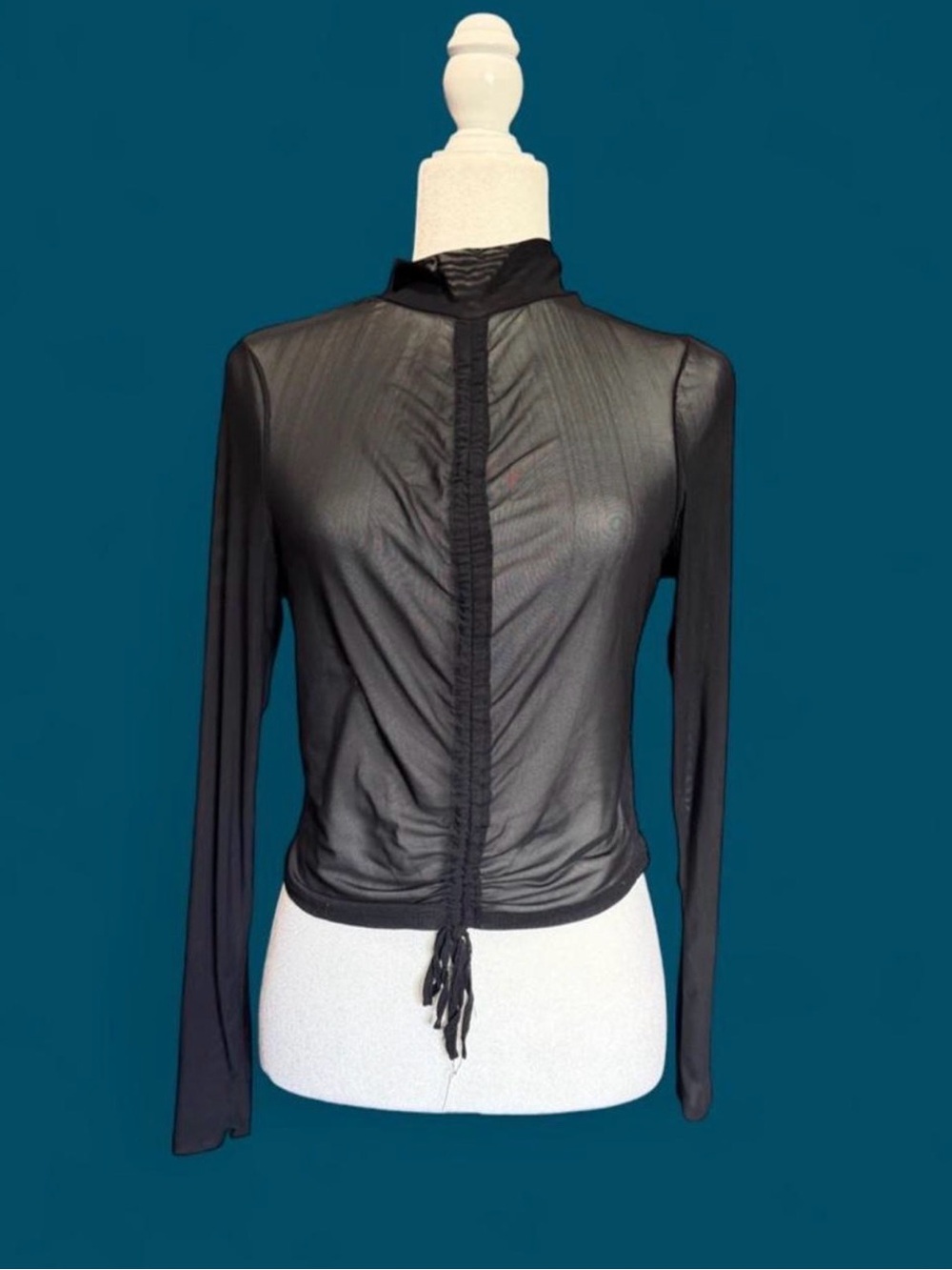 Black Mesh Sheer Mock Neck Long Sleeve Top with Ruched Center and Tie Detail